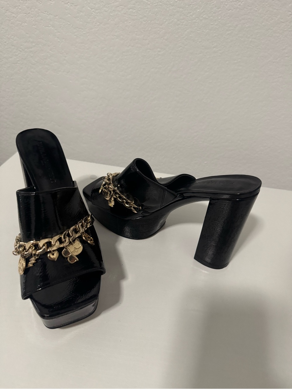 Karl Lagerfeld Black Patent Platform Mules with Gold Chain Charms